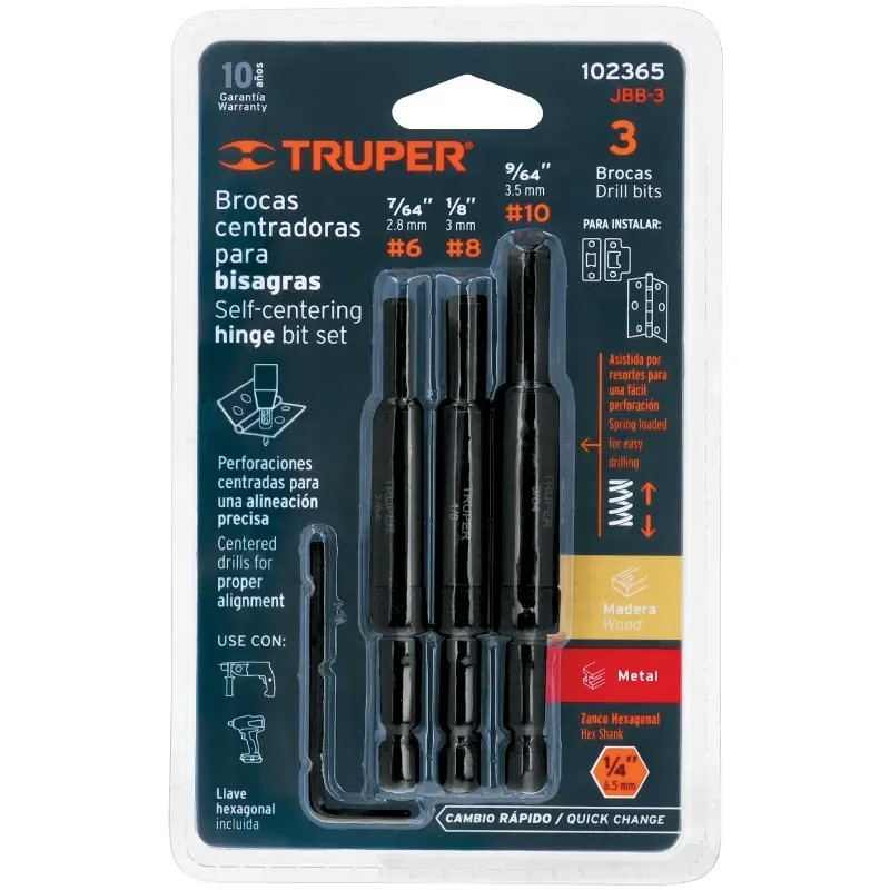 Juego de Brocas Centradoras 3Piezas para Bisagras Z1/4 Truper 102365