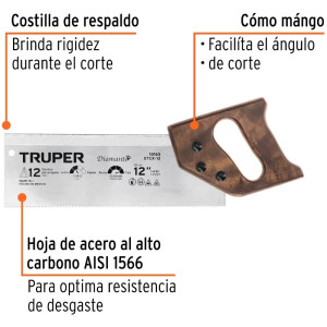 Serrucho Diamante de Costilla 12" Espesor 0.8mm DPP9, en acero alto carbono templado, STCX-12 18165 Truper