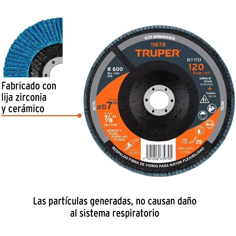 Discos Flap Discs Laminado 7" G120 Lija de Zirconia, DLT-1733 11678 Truper