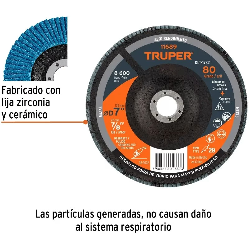 Discos Flap Discs Laminado 7" G80 Lija de Zirconia, DLT-1732 11689 Truper