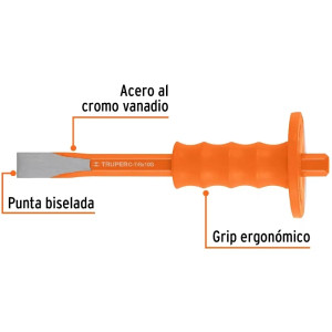 Cincel Plano 10" Cuña 7/8" con Grip, acero al cromo vanadio, protege la mano, C-7/8X10G 12274 Truper