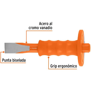 Cincel Plano 8" Cuña 1" con Grip, acero al cromo vanadio, protege la mano, C-1X8G 12276 Truper