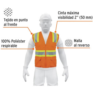 Chaleco de Seguridad Unitalla Naranja Cintas Dobles 2" con cierre y 6 Bolsillos Alta Visibilidad, CHS-700N 13475 Truper