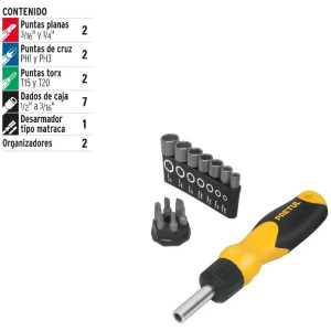 Juego Desarmadores Multipunta 6 Puntas y 7 dados Tipo Ratchet, PPMagnetico Acero al Cromo Vanadio, DES-14P 22974 Pretul