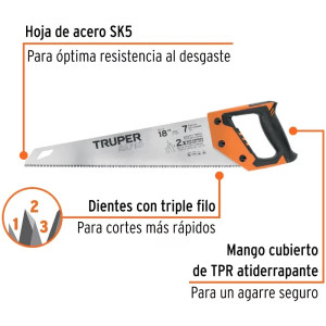 Serrucho Rapid 18" 45cm DDP7 TripleFilo, Mango Comfort grip, Truper 101868