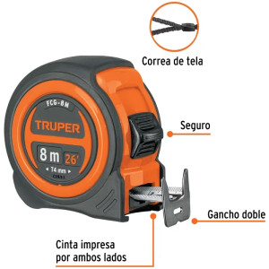 Wincha Flexometro Compactas 8M con TPR, cinta medicion ambos lados, carcasa ABS, FCG-8M 12774 Truper