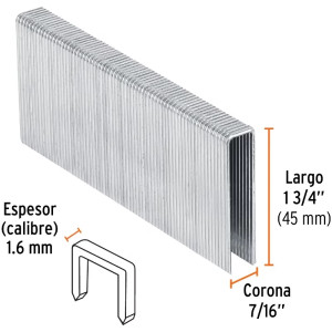 Grapas Corona 7/16" Calibre 16 L45mm Engrapadora Neumatica C1000u Truper 13348