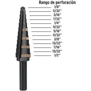 Brocas Escalonada HSS 13 Escalones 1/8"-1/2" x77mm, Truper 12122