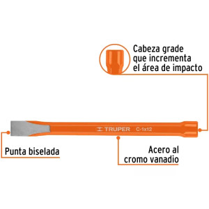 Cincel Plano 12" Cuña 1", Acero al cromo Vanadio, Cabeza grande, C-1X12 12166 Truper