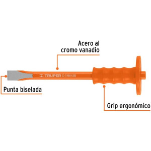 Cincel Plano 12" Cuña 7/8"con Grip, acero al cromo vanadio, protege la mano, C-7/8X12G 12175 Truper