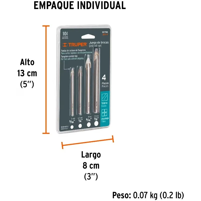 Juego de Brocas para Vidrios y Azulejos 4 Piezas Carburo de Tungsteno, Truper 101798
