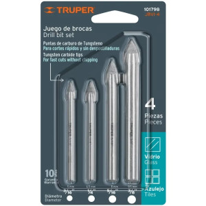 Juego de Brocas para Vidrios y Azulejos 4 Piezas Carburo de Tungsteno, Truper 101798