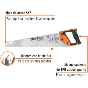 Serrucho Rapid 20" 50cm DDP7 TripleFilo, Mango Comfort grip, Truper 101869