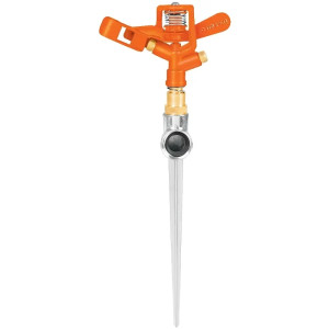 Aspersor Metalico Una Vía Doble Chorro, Estaca 11", Alcance 10.4m, Area 360, 50 PSI, Truper 10327
