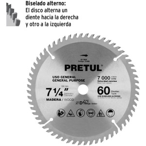 Discos sierras 7-1/4" 60Dientes C5/8", para madera, Pretul 27059