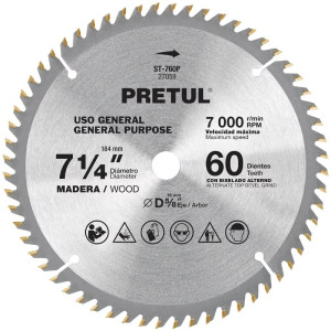 Discos sierras 7-1/4" 60Dientes C5/8", para madera, Pretul 27059