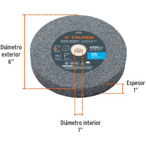 Piedra para Esmeril 152 x25.4x25.4mm Grano 36, Incluye Adaptador, Oxido de Aluminio, PIES-6136 16381 Truper