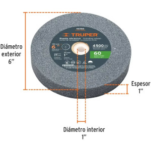 Piedra para Esmeril 152 x25.4x25.4mm Grano 60, Incluye Adaptador, Oxido de Aluminio, PIES-6160 16382 Truper