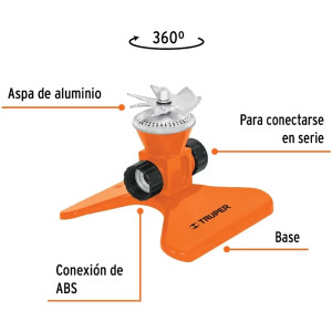Aspersor Base de Acero con Aspas Giratorias 3/4", Alcance 4.25m, 2 Conexión en serie, Area 360, 50 PSI, Truper 10329