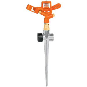 Aspersor Metalico Dos Vías Doble Chorro, Estaca Metalica 11", Alcance 10.4m, Area 360, 50 PSI, Truper 10330