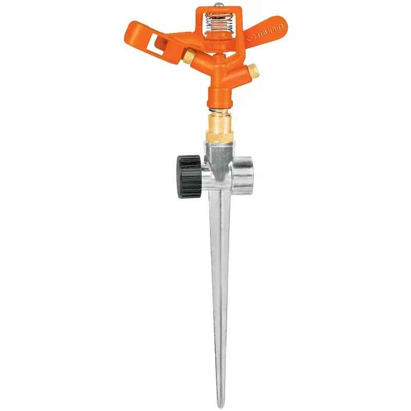 Aspersor Metalico Dos Vías Doble Chorro, Estaca Metalica 11", Alcance 10.4m, Area 360, 50 PSI, Truper 10330