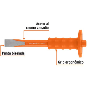 Cincel Plano 10" Cuña 1" con Grip, acero al cromo vanadio, protege la mano, C-1X10G 12273 Truper