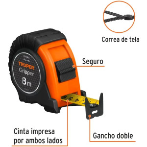 Wincha Flexometro Griper 8M con TPR, cinta medicion ambos lados, carcasa ABS, FH-8ME 15389 Truper