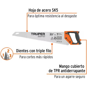 Serrucho Rapid 22" 55cm DDP7 TripleFilo, Mango Comfort grip, Truper 101870