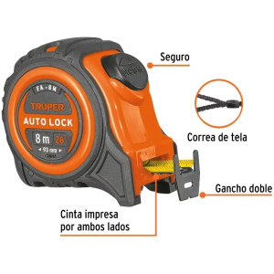 Wincha Flexometro Auto-Lock 8M con TPR, cinta medicion ambos lados, carcasa ABS, FA-8M 10749 Truper