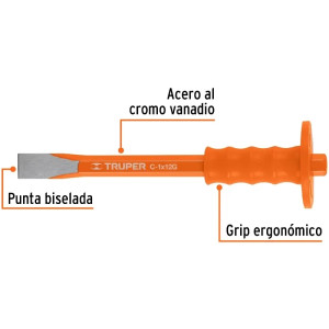 Cincel Plano 12" Cuña 1" Grip , acero al cromo vanadio, protege la mano, C-1X12G 12181 Truper