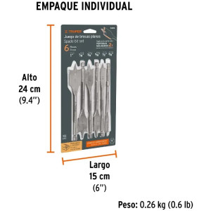 Juego de Brocas Mechas Planas 6 Piezas para Madera, J-BPT-6 11395 Truper