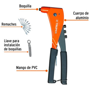 Remachadora Profesional 4 Boquillas intercambiable 3/32 1/8 5/32 3/16" Largo 10" incluye llave y Remache, RE-9X 17961 Truper