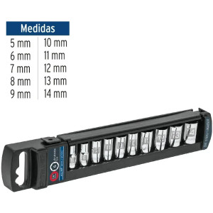 Juego de dados 10 Piezas cortos Milimetrico 5 mm a 14 mm, Encastre 1/4", acero al cromo vanadio, JD-1/4X10M 14166 Truper