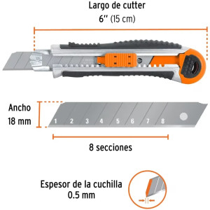 Cutter 6" 18mm AlmaMetalica y Grip Uso Pesado 5NavajasSK2, Truper CUT-6XX 16976