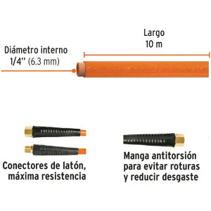Manguera para compresor de Alta Presion de PVC 1/4" Conector Movil 10 m, MAN-PI-10-1/4 19014 Truper