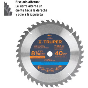 Discos Sierras 8-1/4" 40Dientes C5/8" para madera, Truper 18303