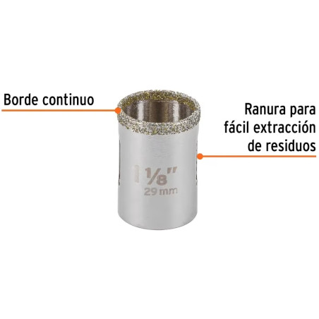Sierra de copa 1 1/8" o 28.6mm, con borde de diamante, alto rendimiento, cortes finos y rapidos, COAZ-1-1/8 17127 Truper