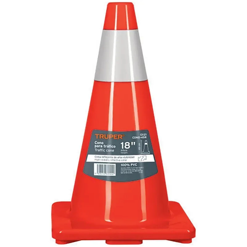 Conos de Precaucion 45 cm con Reflejante 10 cm de PVC, Resistente a Impactos, Peso 1.05 kg, CONO-45R 13121 Truper