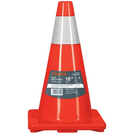 Conos de Precaucion 45 cm con Reflejante 10 cm de PVC, Resistente a Impactos, Peso 1.05 kg, CONO-45R 13121 Truper