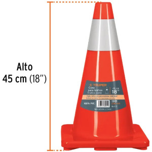 Conos de Precaucion 45 cm con Reflejante 10 cm de PVC, Resistente a Impactos, Peso 1.05 kg, CONO-45R 13121 Truper