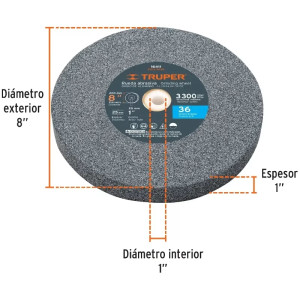Piedra para Esmeril 203 x25.4x25.4mm Grano 36, Incluye Adaptador, Oxido de Aluminio, PIES-8136 16411 Truper