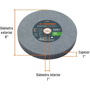 Piedra para Esmeril 203 x25.4x25.4mm Grano 60, Incluye Adaptador, Oxido de Aluminio, PIES-8160 16412 Truper