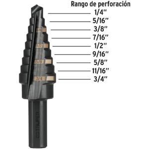 Brocas Escalonada HSS 9 Escalones 1/4"-3/4" x74mm, Truper 12123
