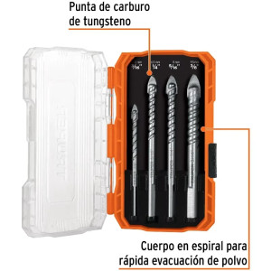 Juego de Brocas para Vidrios y Azulejos 4 Piezas Carburo de Tungsteno CEstuche, Truper 101841