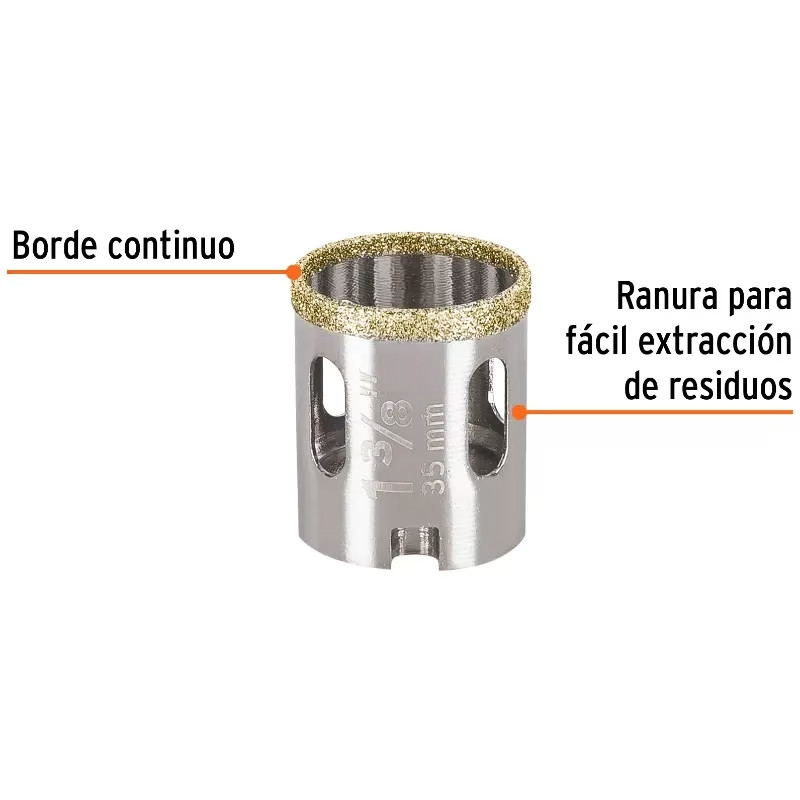 Sierra de copa 1 3/8" o 34.9mm, con borde de diamante, alto rendimiento, cortes finos y rapidos, COAZ-1-3/8 17129 Truper