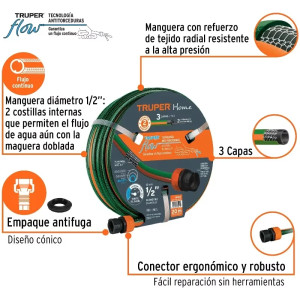 Manguera Reforzada 20M 3Capas 1/2" E1.7mm con Conector, Truper 16052