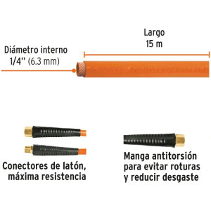 Manguera para compresor de Alta Presion de PVC 1/4" Conector Movil 15 m, MAN-PI-15-1/4 19015 Truper