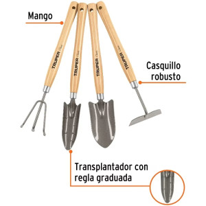 Juego de 4 Herramientas para Jardin 15 Pulgadas, Transplantador, cuchara, azadon, cultivador, JJ-4L 15040 Truper
