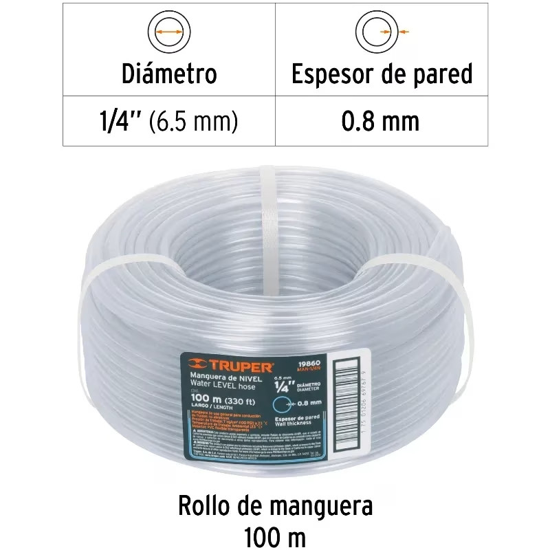 Manguera de Nivel 1/4" Espesor 0.7mm, 100 Metros Peso 2Kg, MAN-1/4N 19860 Truper
