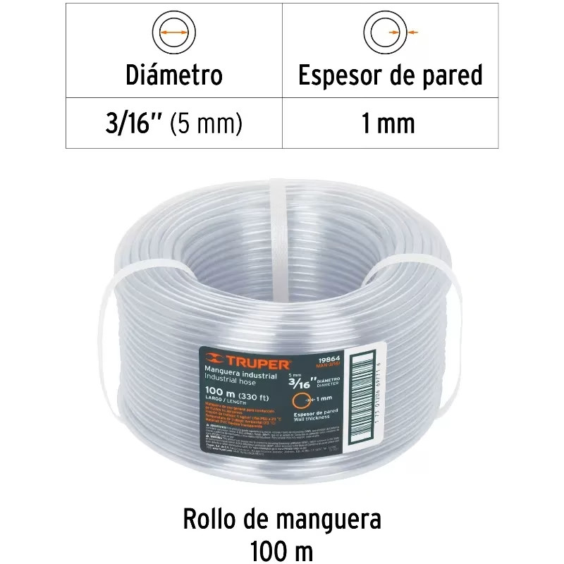 Manguera Industrial 3/16" Espesor 0.9mm, 100 Metros Peso 2Kg, MAN-3/16I 19864 Truper